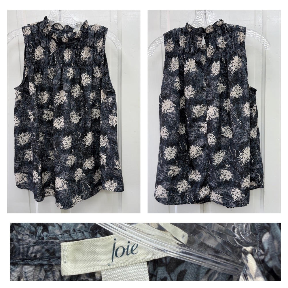 Joie Baltic Womens Small Floral Black Cream Smocked Ruffle Neck Blouse Top